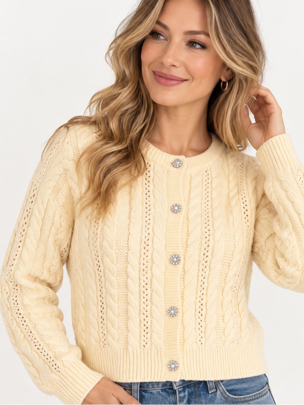 098.NWT Cream Cable Knit Button-Front Sweater stones buttons